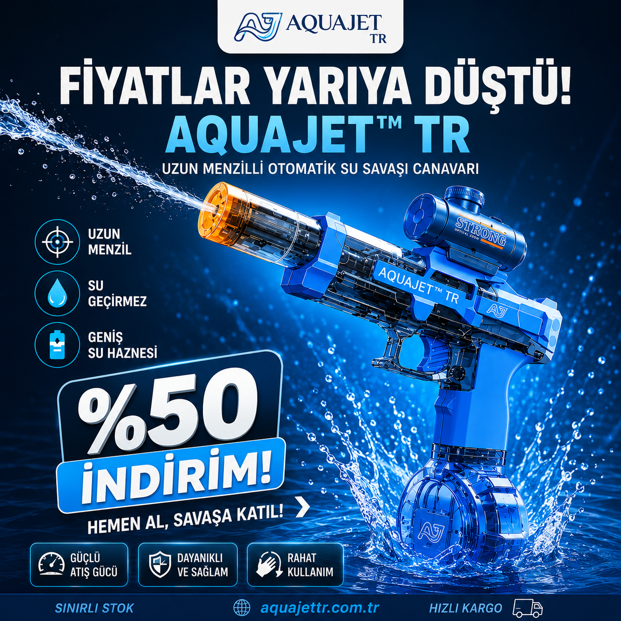 AquaJet™ — Şarjlı Otomatik Atışlı Su Tabancası